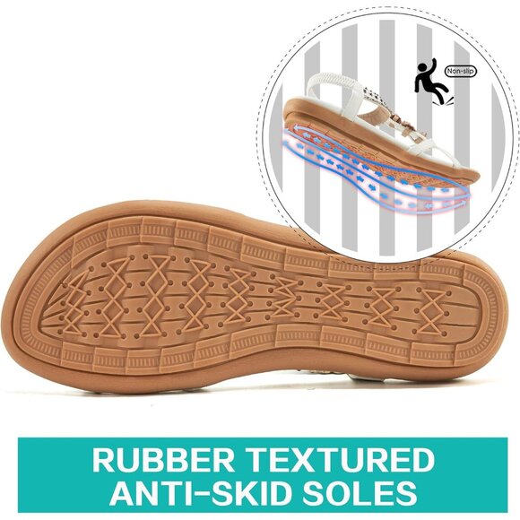 Womens White PU Leather Casual Beach Summer Jeweled Bohemian Flats Sandals - Picture 3 of 5